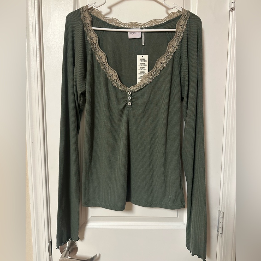 Urban Outfitters Olive Green Lace-Trim Ribbed Long Sleeve Top - Picture 3 of 11